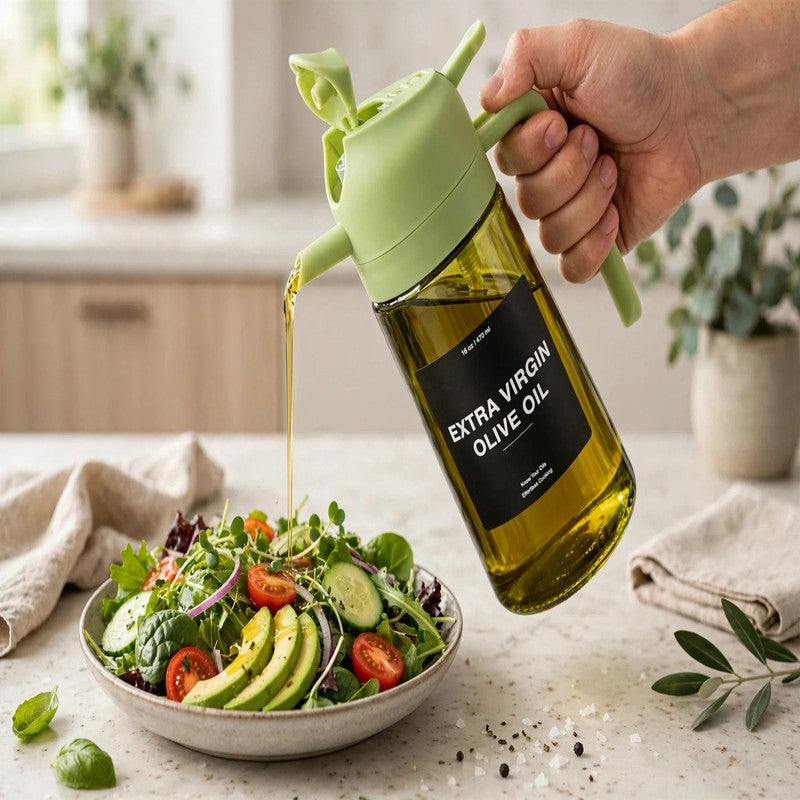 Olive Oil Dispenser - 470ml Glass Spray & Pour Bottle for Cooking, Kitchen & BBQ