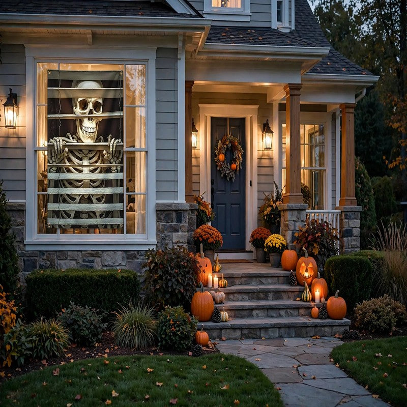 Scary Halloween Window Curtain Banner - Witch, Zombie & Ghost Backdrop