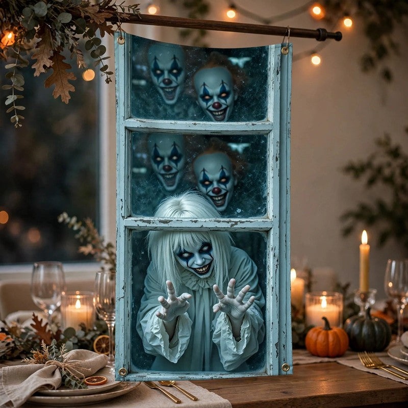 Scary Halloween Window Curtain Banner - Witch, Zombie & Ghost Backdrop